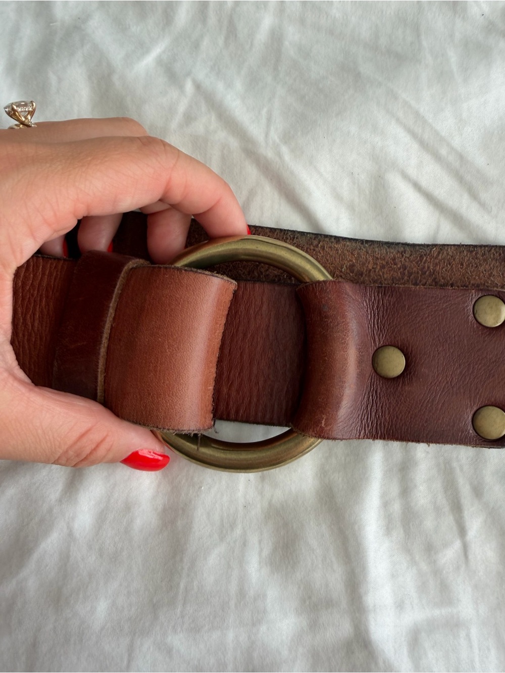 Lands End Genuine Brown Leather Belt with Brass Ring Hardware - Picture 8 of 10